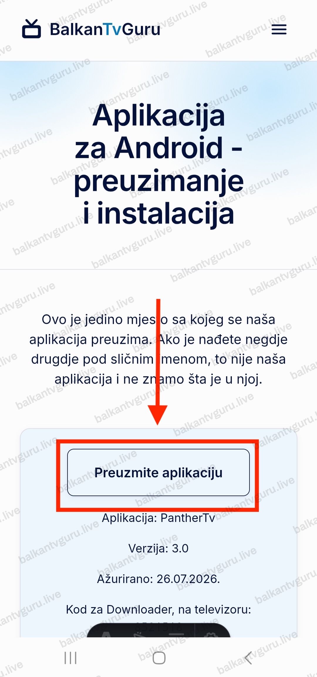Naša stranica aplikacije otvorena na telefonu, sa označenim dugmetom Preuzmite aplikaciju.
