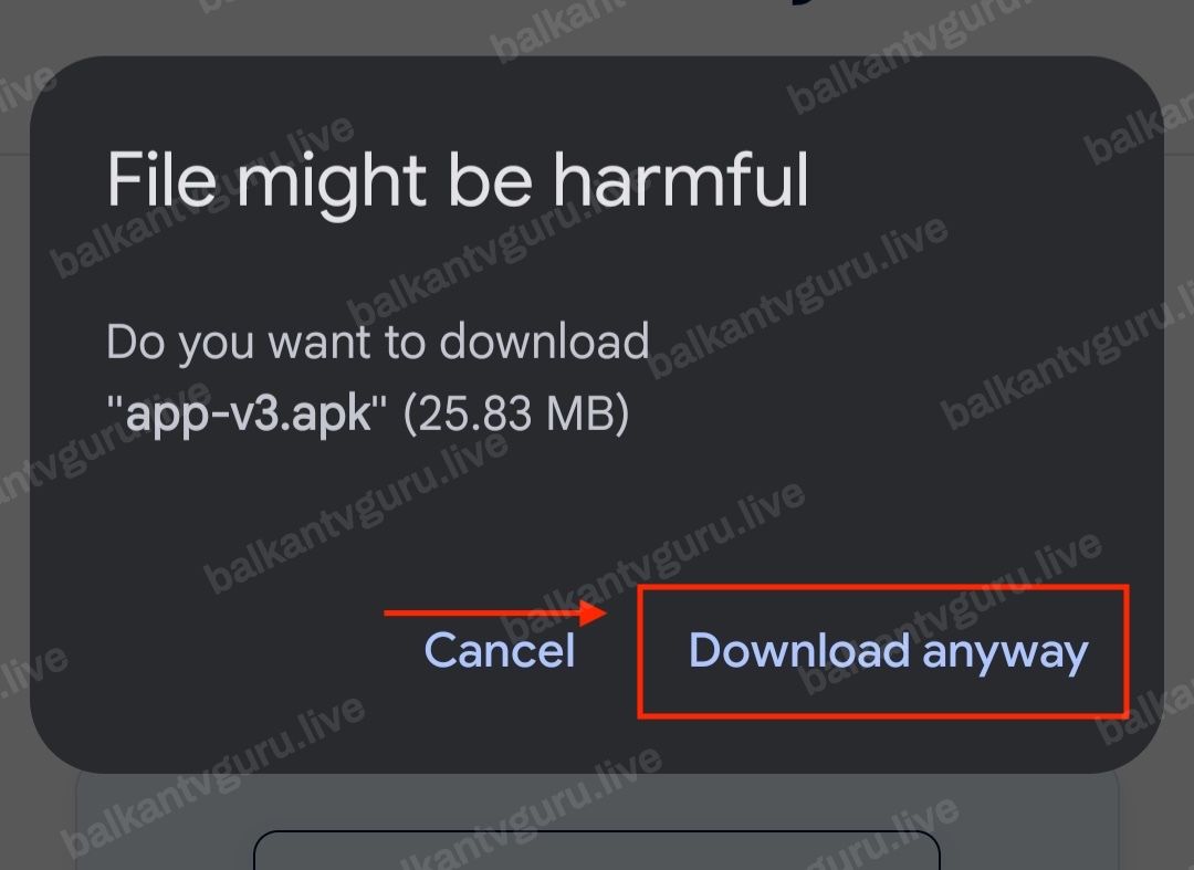 Upozorenje pregledača da datoteka može biti štetna, sa označenim dugmetom Download anyway.