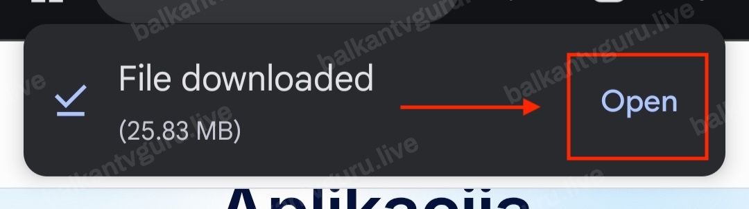 Obavještenje pregledača da je datoteka preuzeta, sa označenim dugmetom Open.