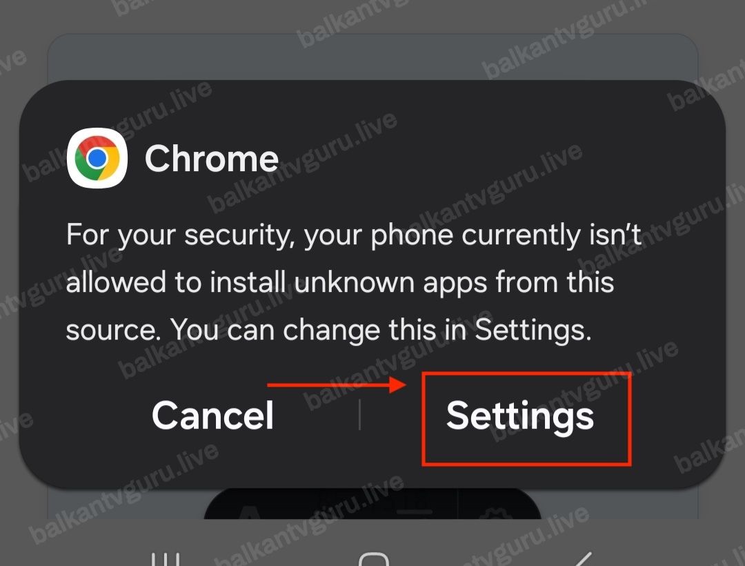 Poruka sistema da telefon ne smije instalirati nepoznate aplikacije iz ovog izvora, sa označenim dugmetom Settings.