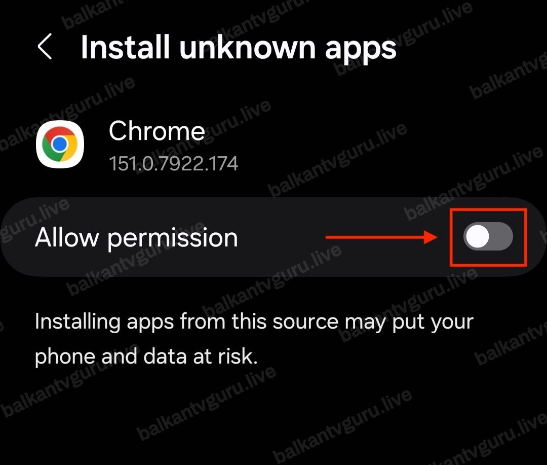 Ekran Install unknown apps sa prekidačem Allow permission pored pregledača, u položaju isključeno.