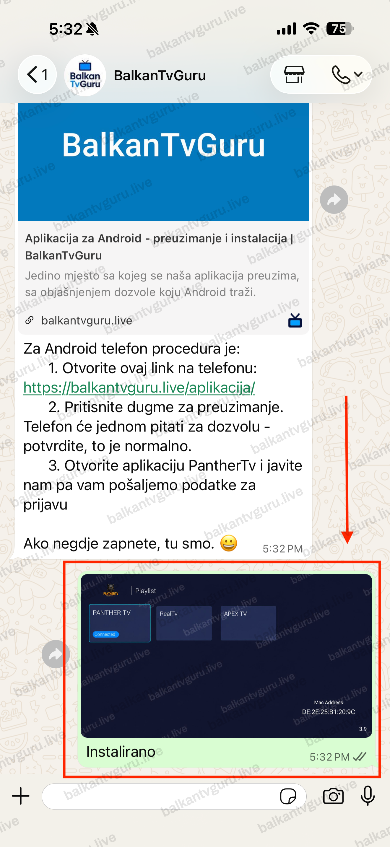 Prepiska na WhatsAppu u kojoj je javljeno da je aplikacija instalirana.