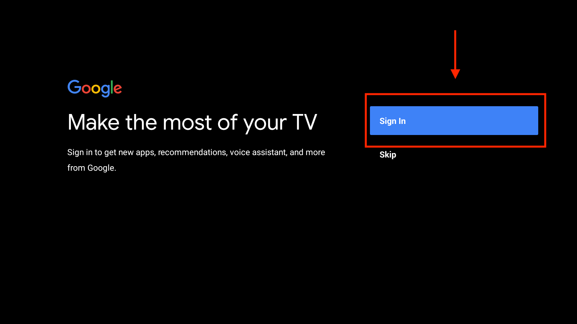 Google ekran za prijavu sa dugmadima Sign In i Skip.
