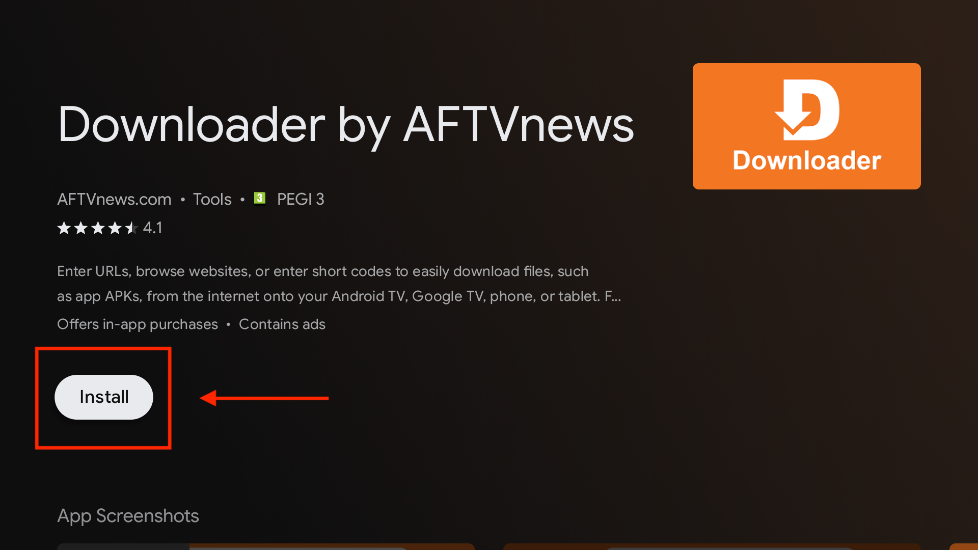 Stranica aplikacije Downloader u prodavnici sa dugmetom Install.