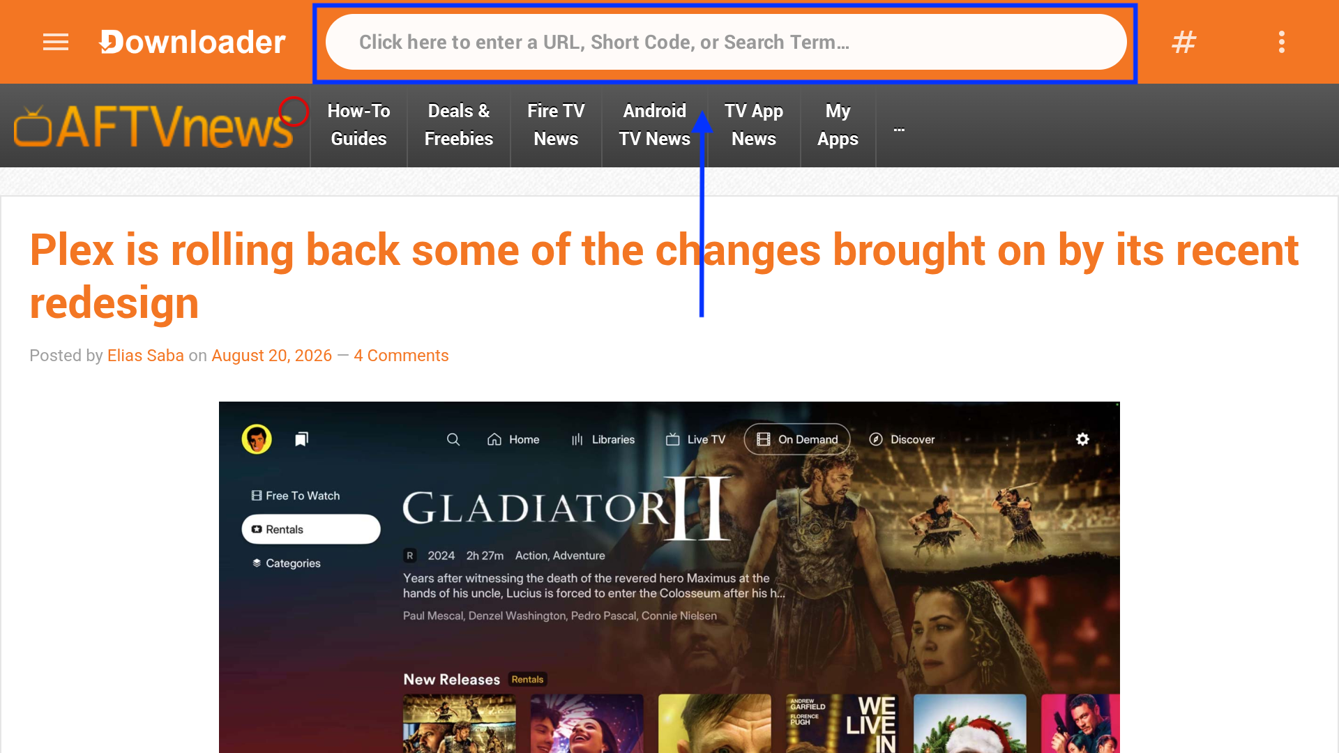 Početni ekran Downloadera sa označenim poljem za unos adrese ili koda.