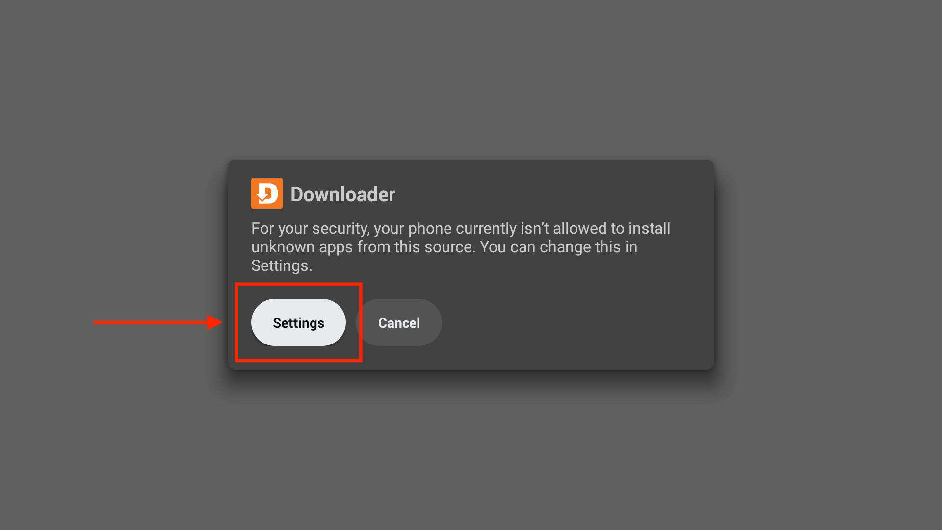 Upozorenje sistema da instalacija iz ovog izvora nije dozvoljena, sa dugmetom Settings.