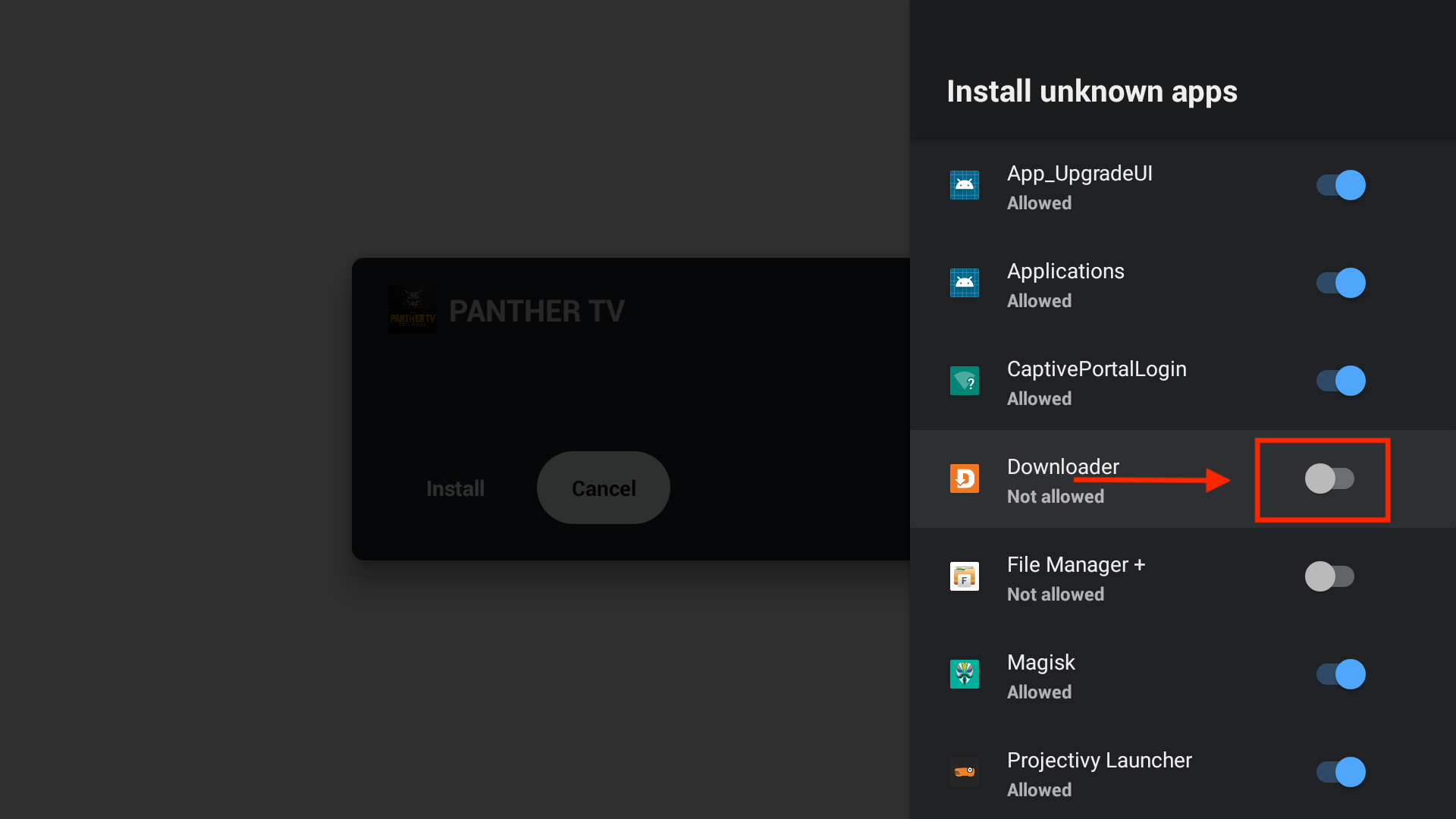 Spisak aplikacija sa prekidačem za Downloader u položaju isključeno.
