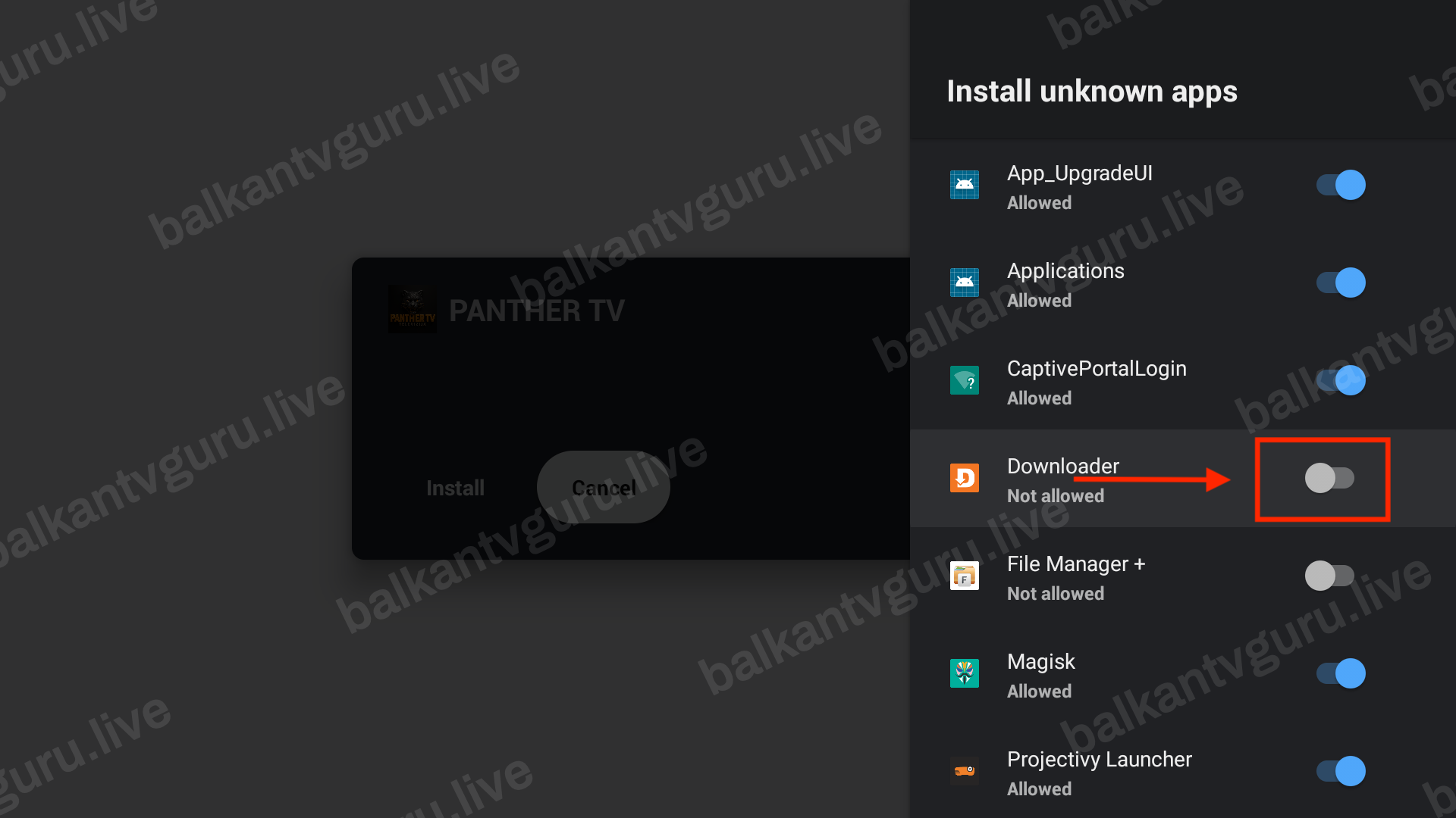Spisak aplikacija sa prekidačem za Downloader u položaju isključeno.