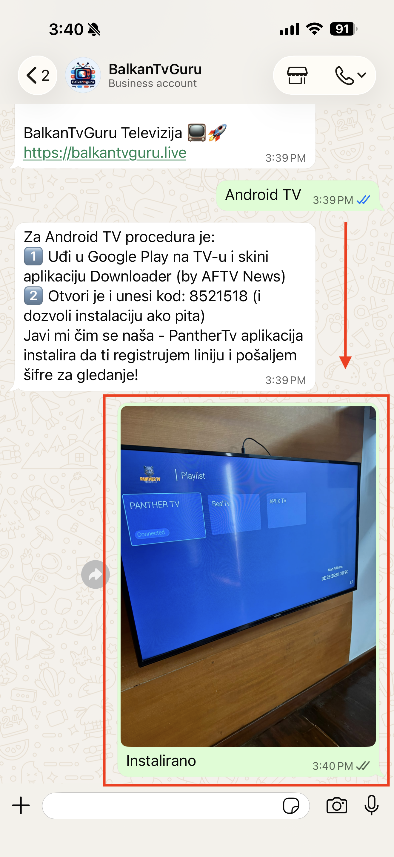 Prepiska na WhatsAppu u kojoj je javljeno da je aplikacija instalirana.