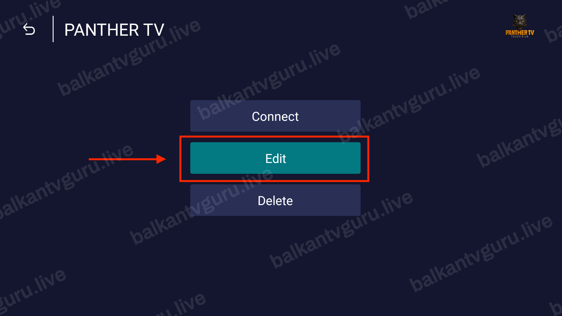 Meni liste sa opcijama Connect, Edit i Delete.