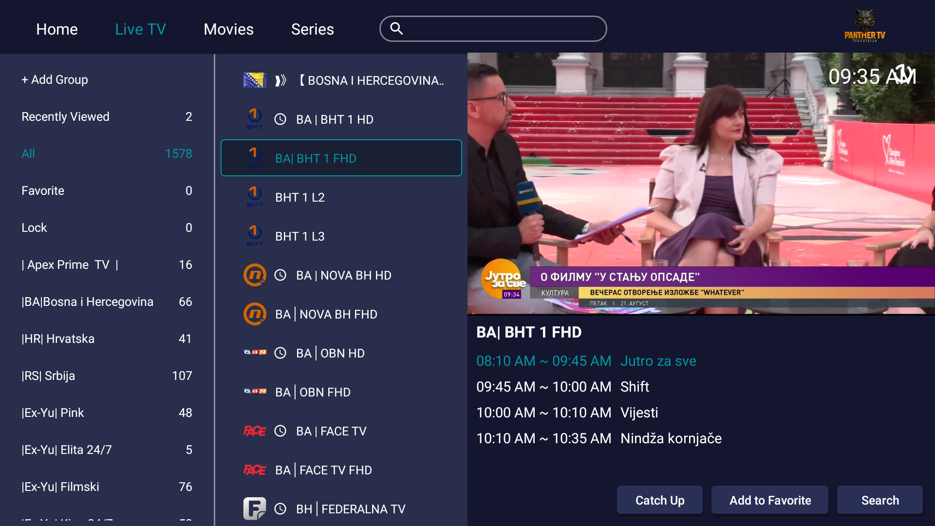 Spisak kanala u lijevoj koloni i program koji se emituje u desnom dijelu ekrana.