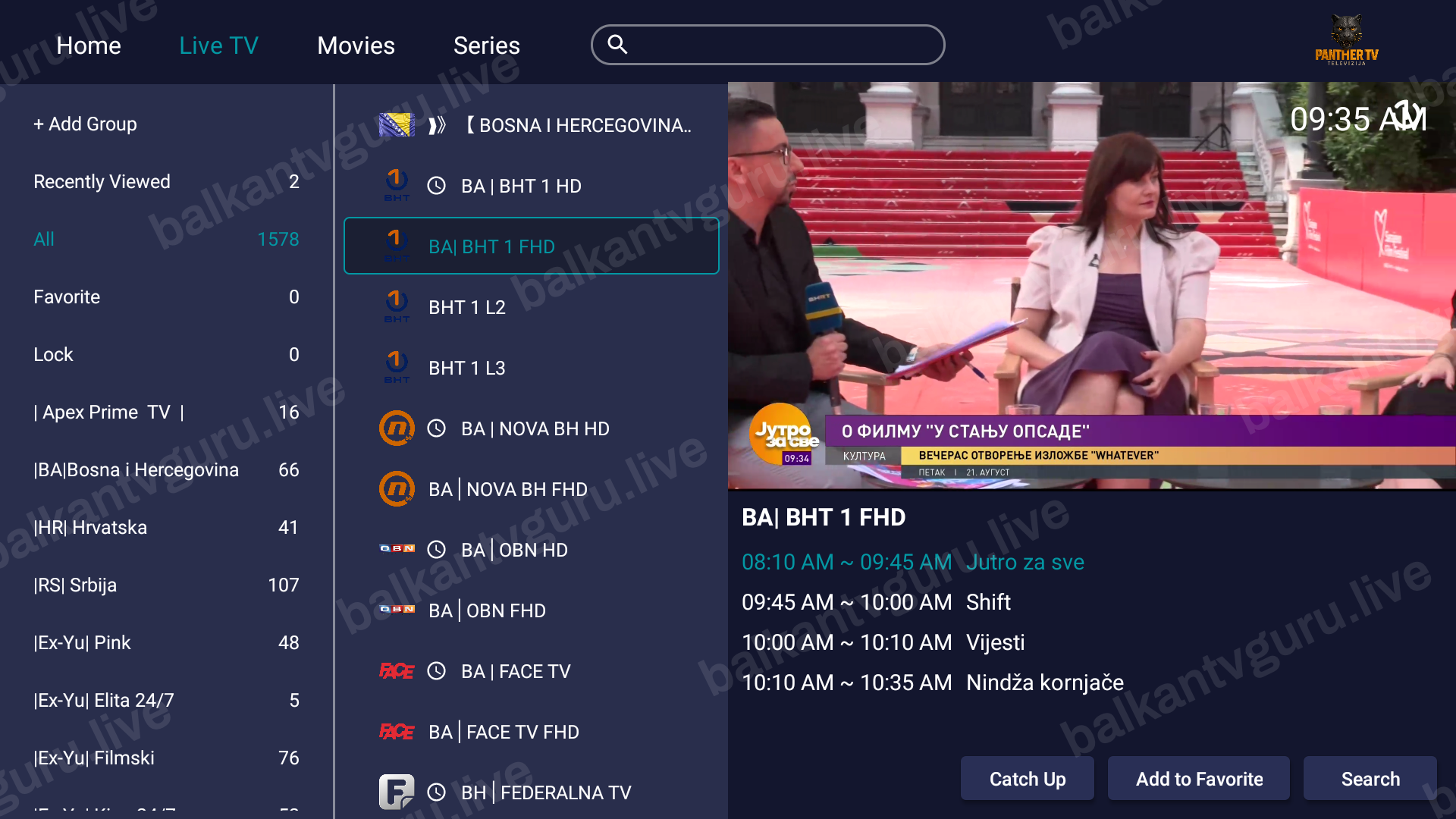 Spisak kanala u lijevoj koloni i program koji se emituje u desnom dijelu ekrana.