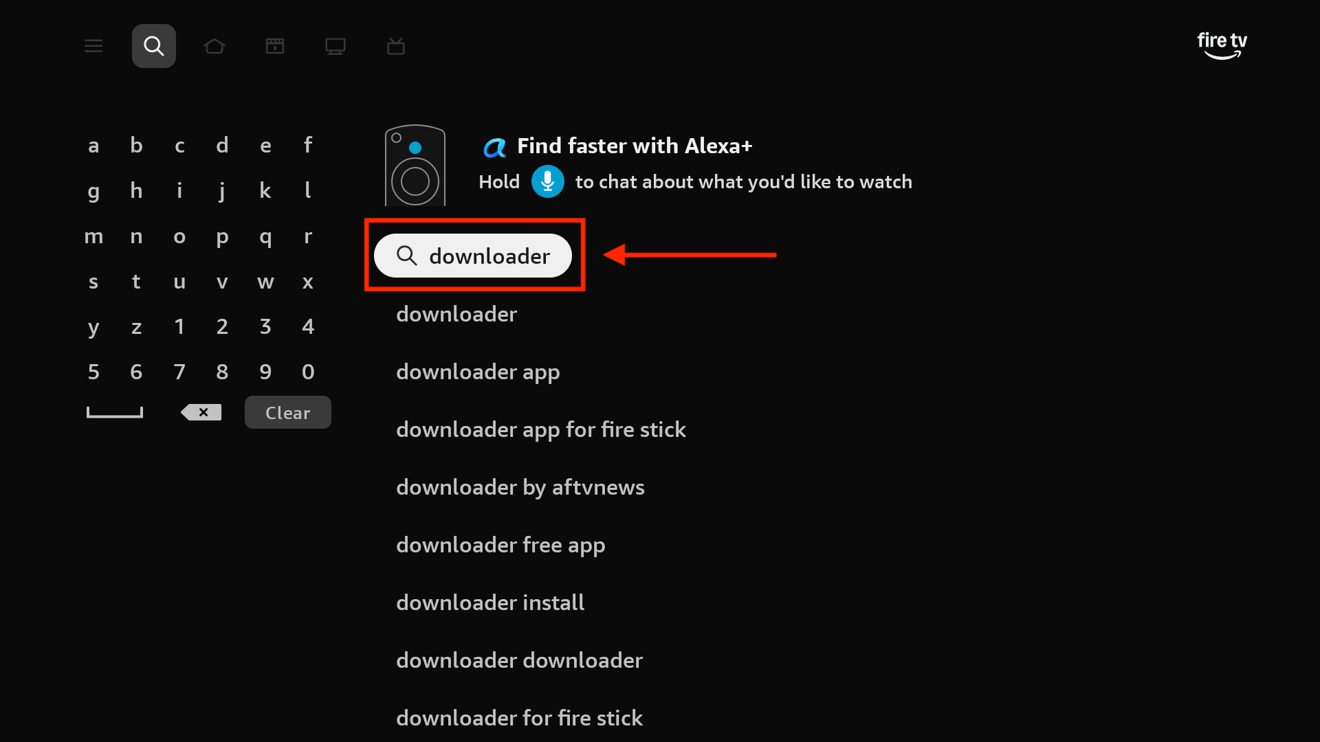 Tastatura na ekranu sa ukucanim pojmom downloader i ponuđenim prijedlozima.