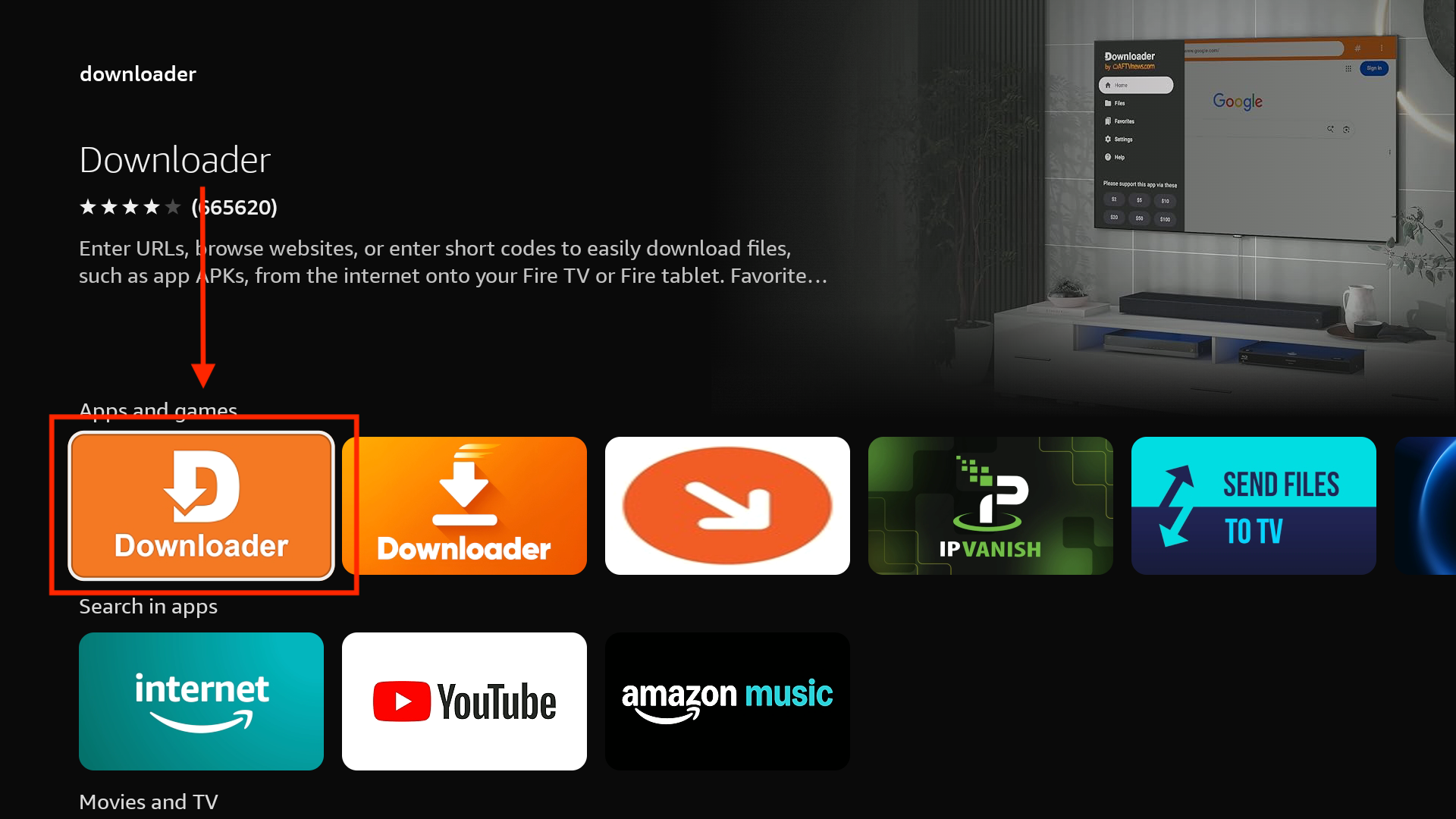 Rezultati pretrage sa označenom aplikacijom Downloader.