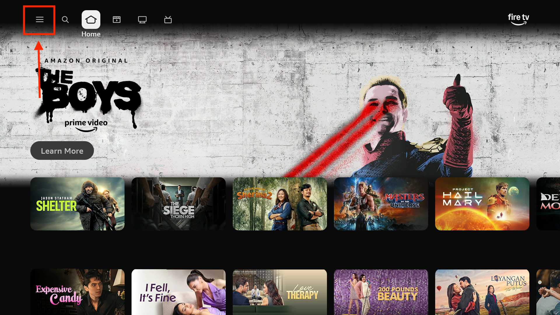 Početni ekran Fire TV uređaja sa označenom ikonicom menija.