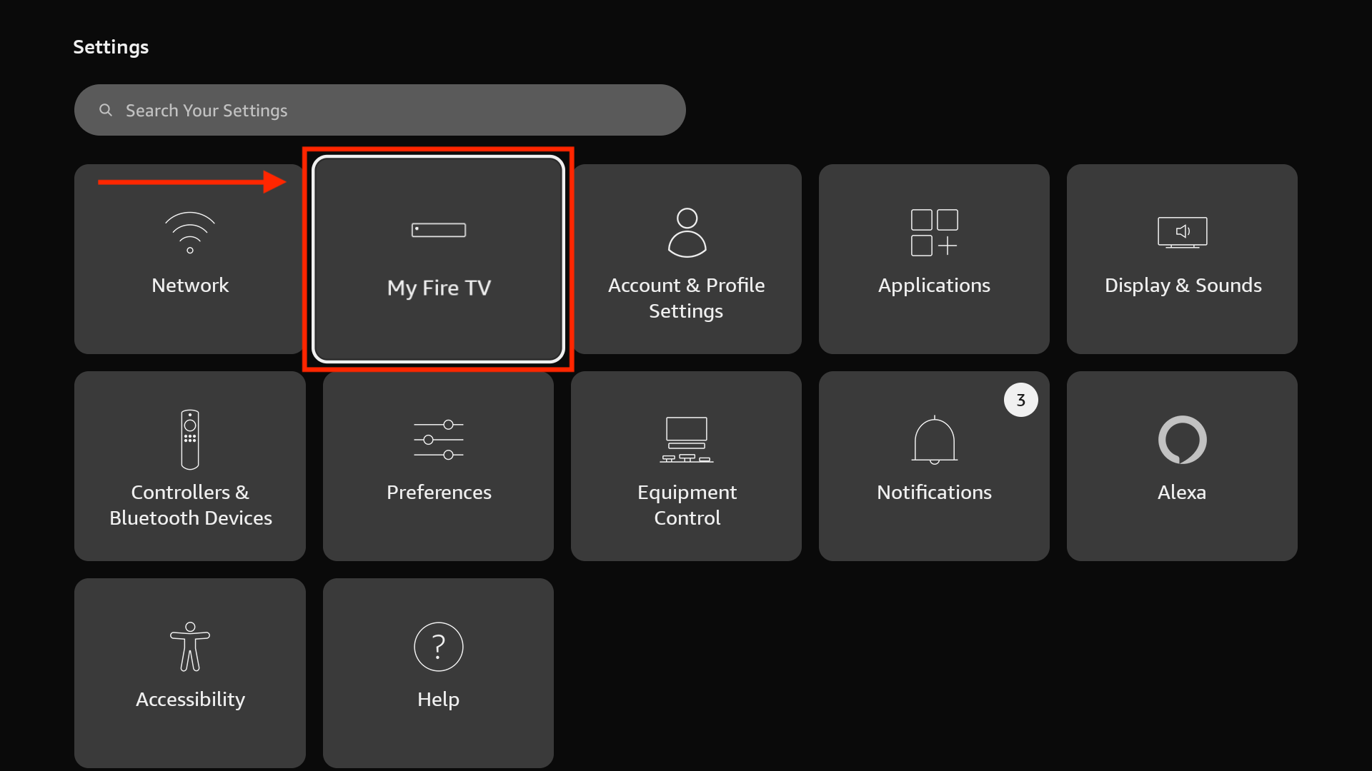 Ekran podešavanja sa označenom stavkom My Fire TV.