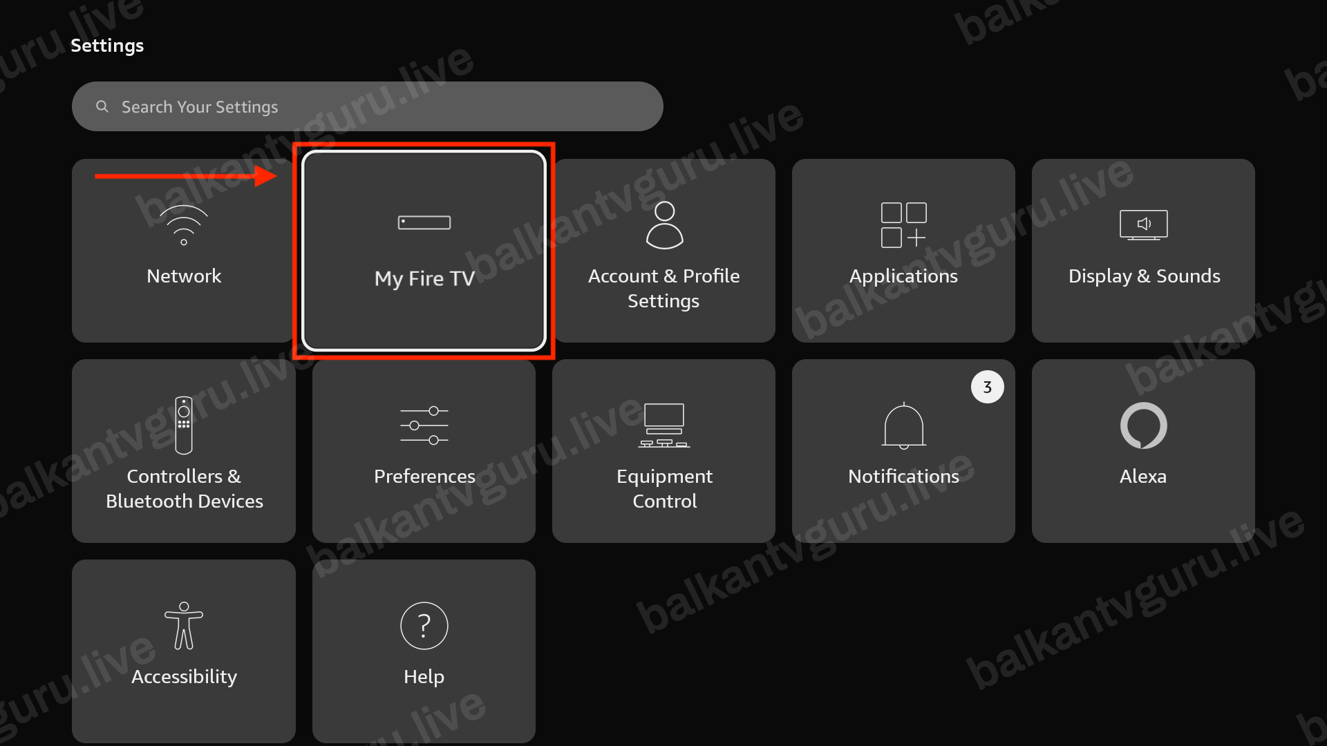 Ekran podešavanja sa označenom stavkom My Fire TV.