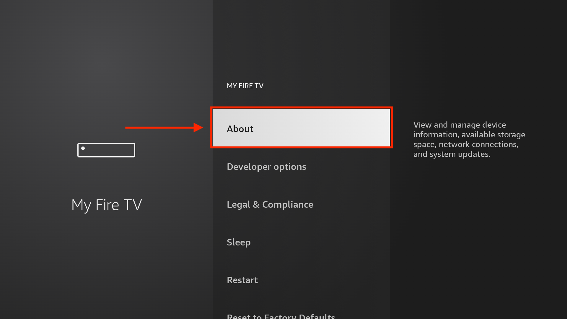 Meni My Fire TV sa označenom stavkom About.