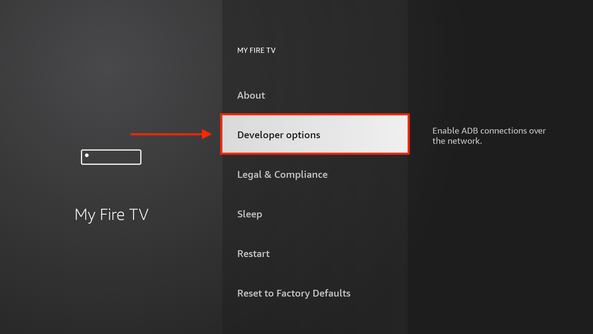 Meni My Fire TV sa označenom stavkom Developer options.