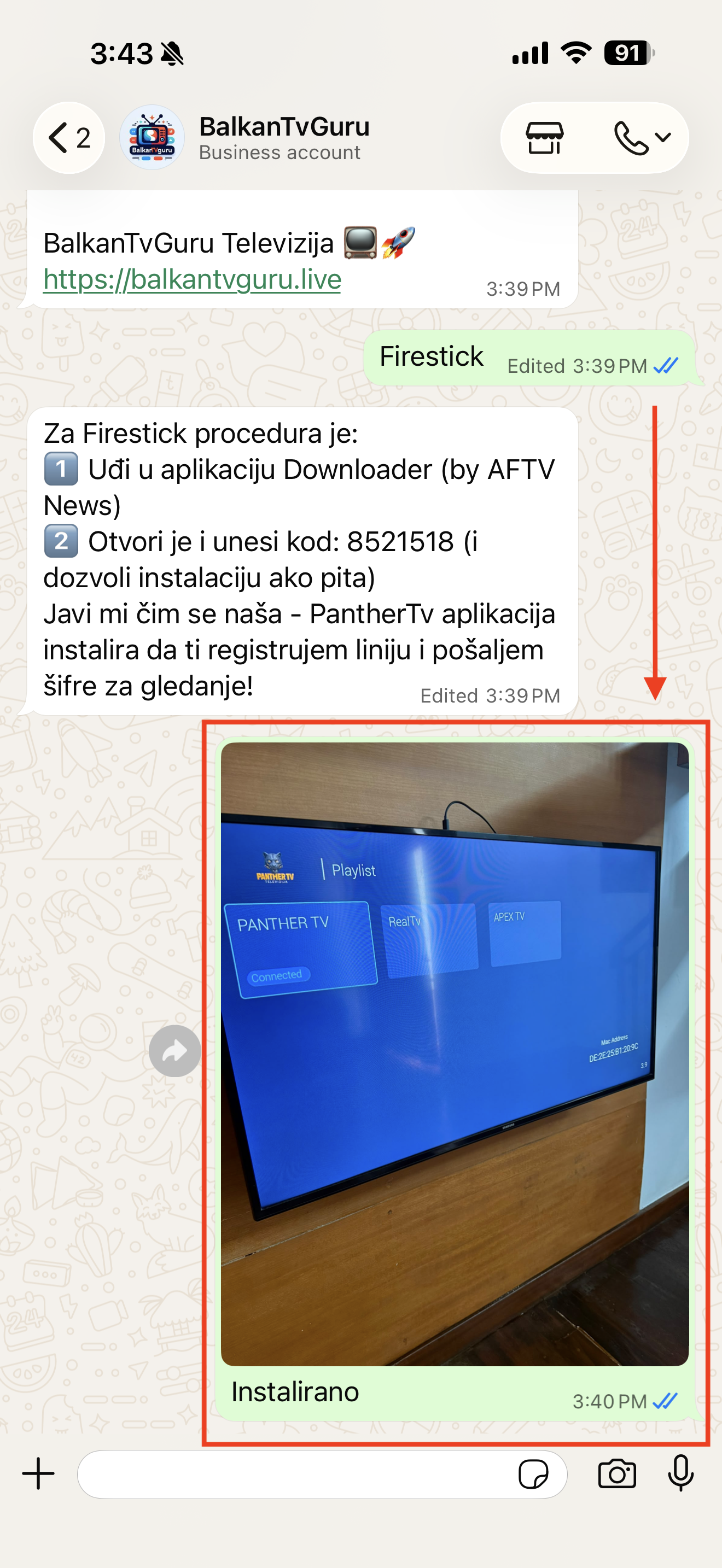 Prepiska na WhatsAppu u kojoj je javljeno da je aplikacija instalirana.