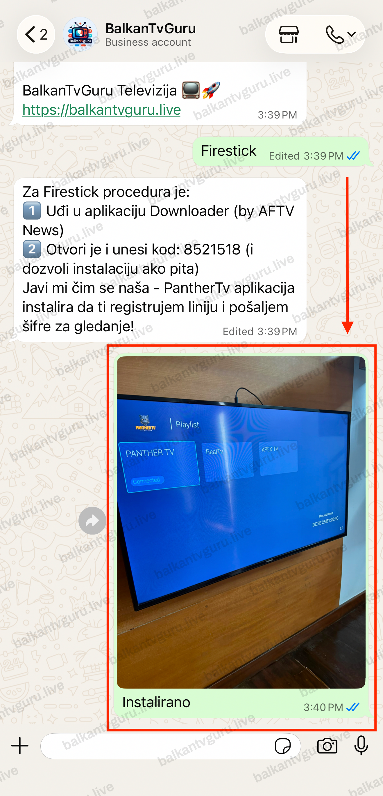 Prepiska na WhatsAppu u kojoj je javljeno da je aplikacija instalirana.