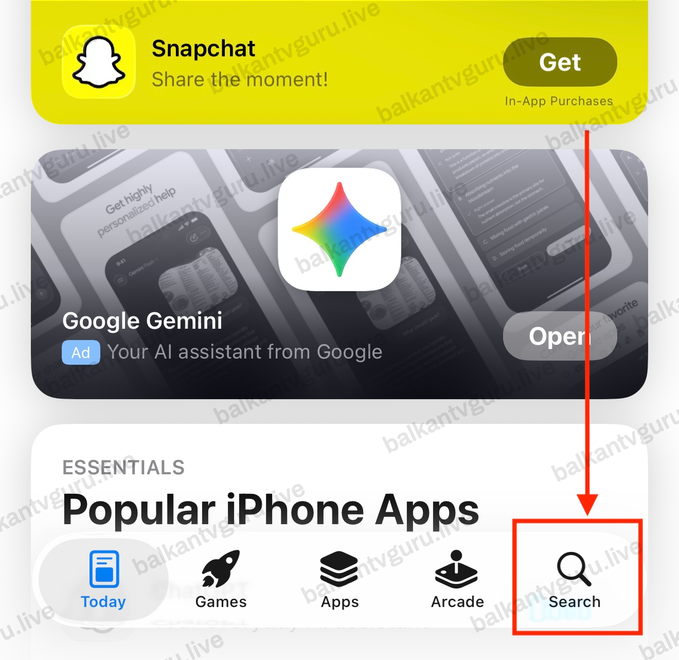 App Store na iPhoneu, kartica Today; dugme Search u donjem desnom uglu je uokvireno.