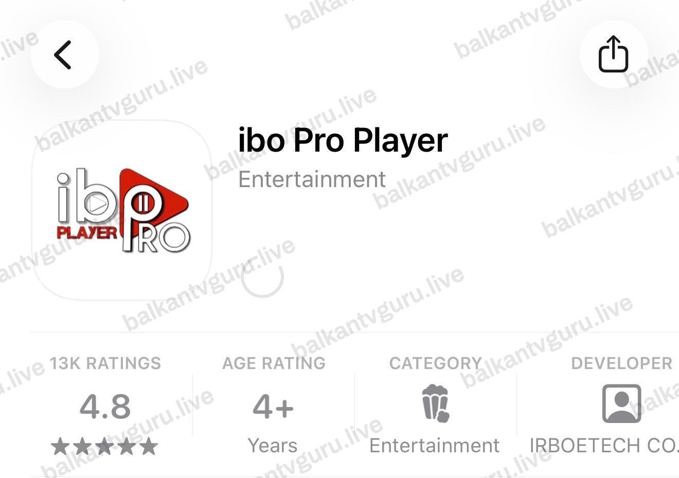 Stranica plejera u App Storeu sa ikonom, imenom, kategorijom Entertainment i podacima o izdavaču.