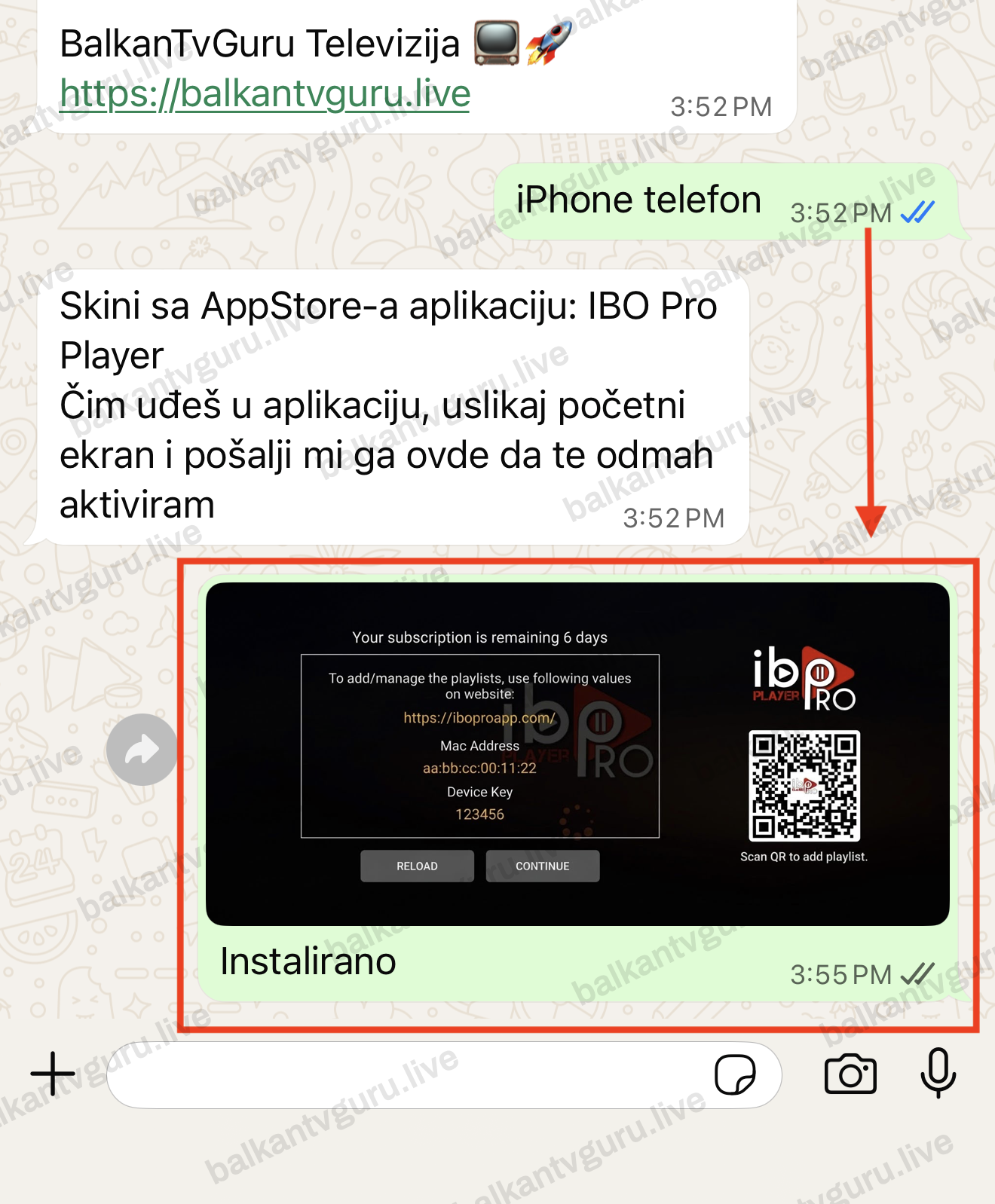 Prepiska na WhatsAppu u kojoj je poslana slika prvog ekrana plejera.