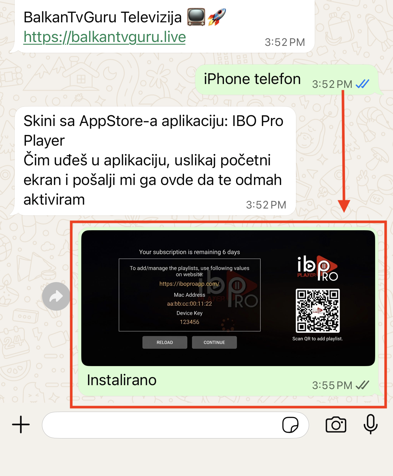 Prepiska na WhatsAppu u kojoj je poslana slika prvog ekrana plejera.