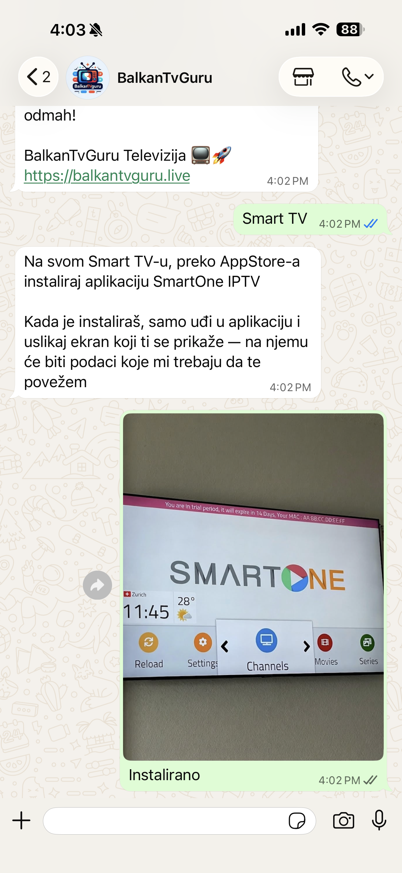 Prepiska na WhatsAppu u kojoj je poslana fotografija ekrana televizora.
