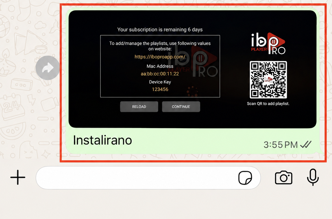 Prepiska na WhatsAppu u kojoj je poslana slika prvog ekrana plejera, uokvirena crvenim okvirom.