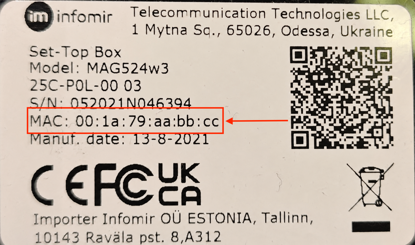 Naljepnica sa poleđine MAG boxa; red sa MAC adresom označen je crvenim okvirom.