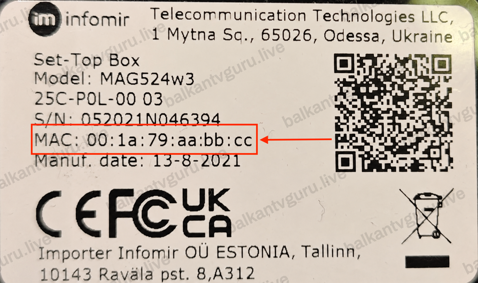 Naljepnica sa poleđine MAG boxa; red sa MAC adresom označen je crvenim okvirom.