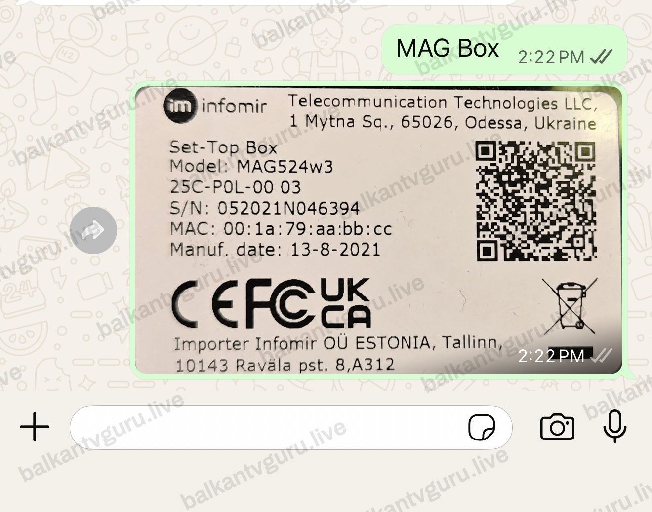 Prepiska na WhatsAppu u kojoj je poslana fotografija naljepnice sa poleđine boxa.