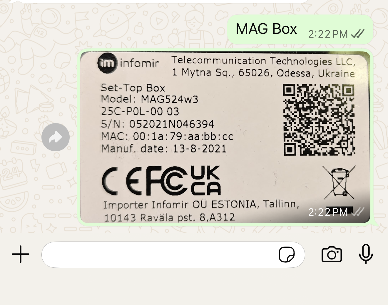 Prepiska na WhatsAppu u kojoj je poslana fotografija naljepnice sa poleđine boxa.