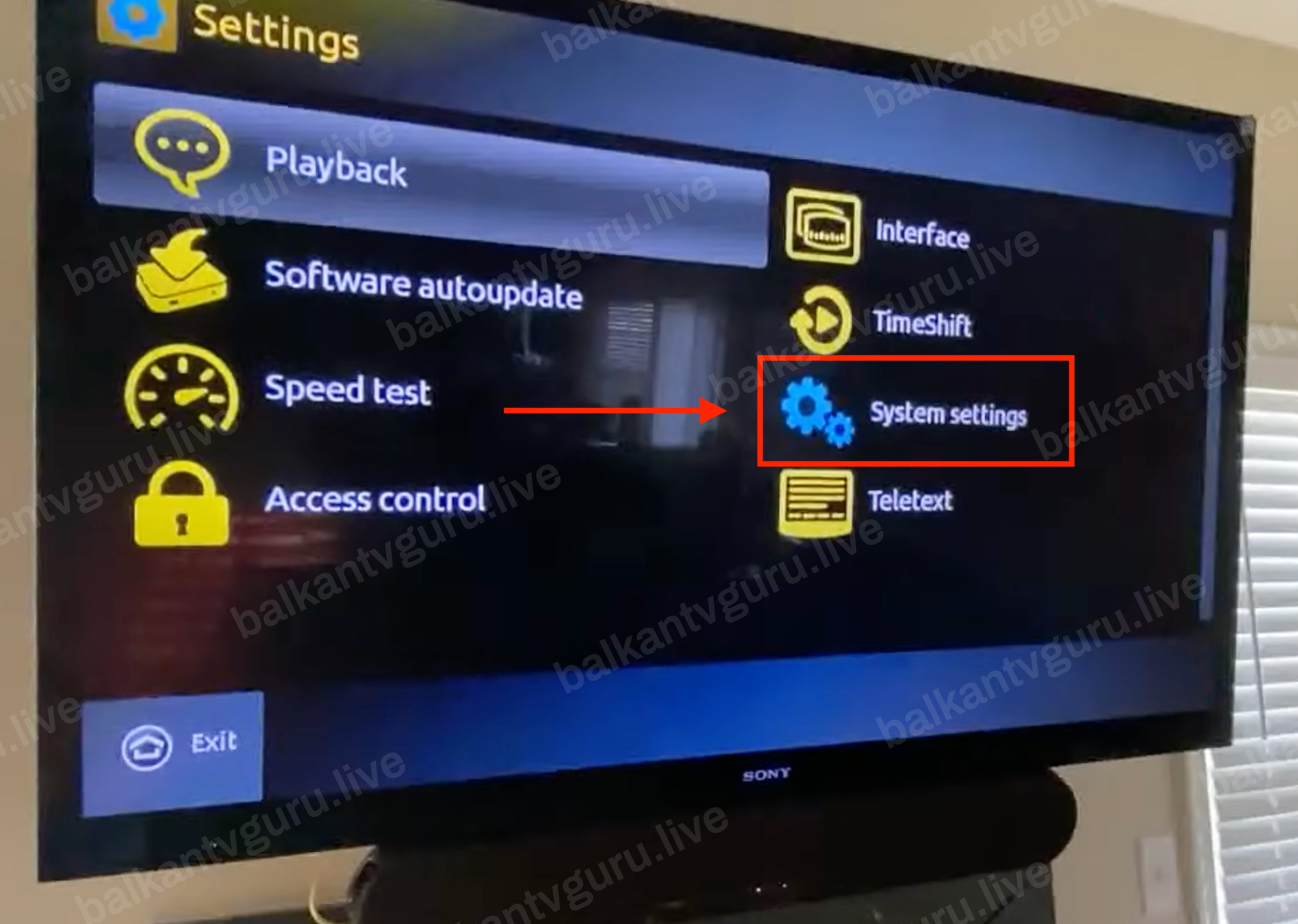 Meni Settings sa označenom stavkom System settings.