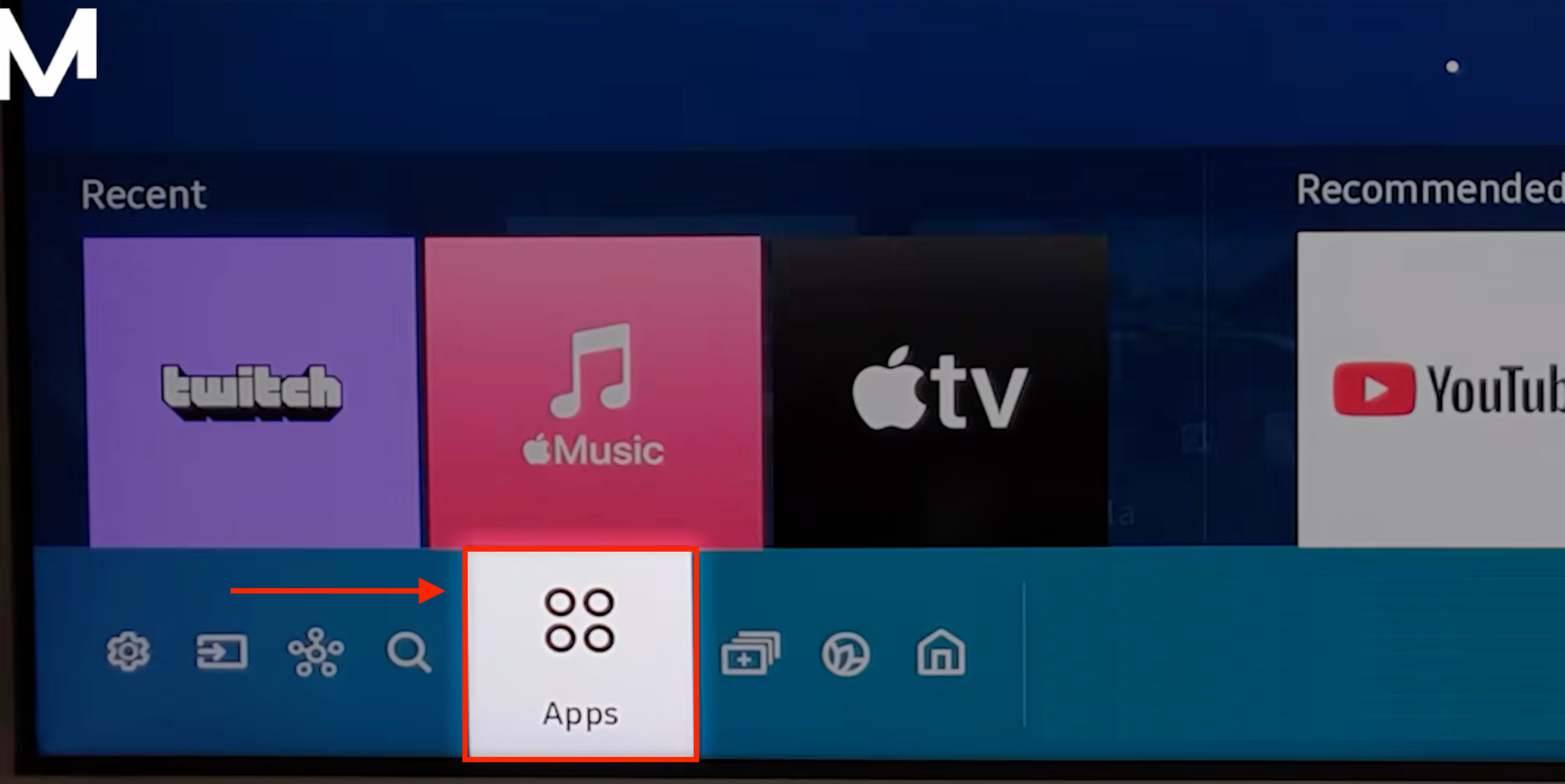 Traka na dnu ekrana sa označenom stavkom Apps.