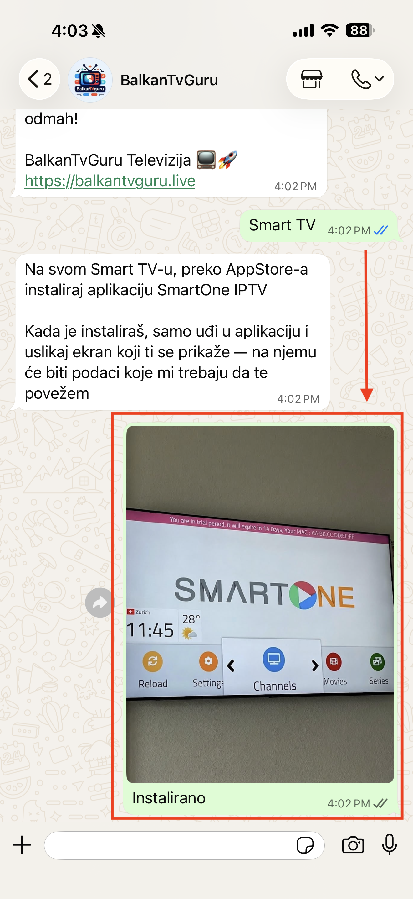Prepiska na WhatsAppu u kojoj je poslana fotografija ekrana televizora.