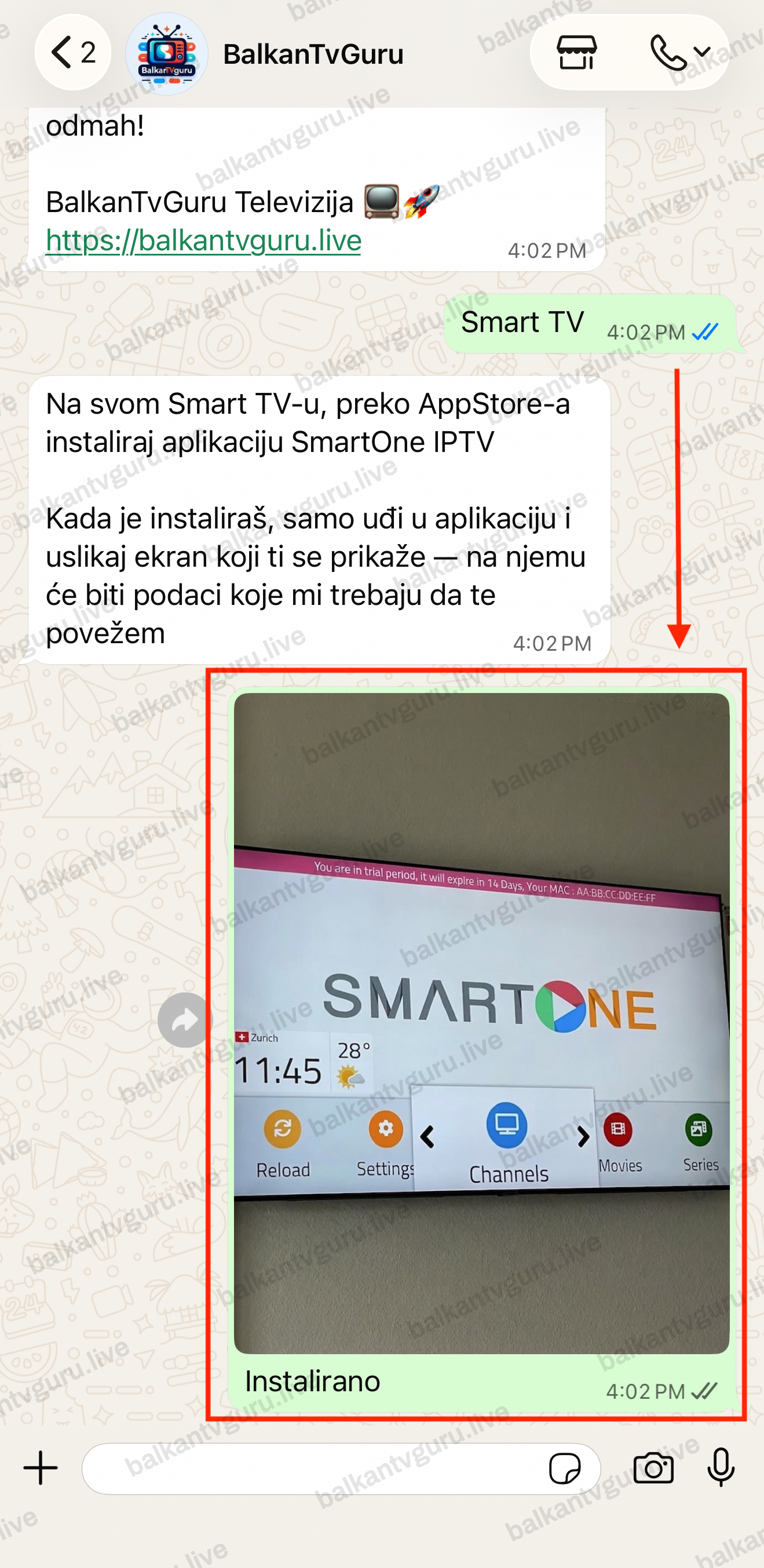 Prepiska na WhatsAppu u kojoj je poslana fotografija ekrana televizora.