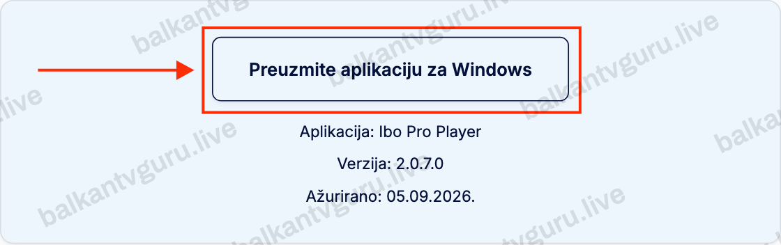 Dugme za preuzimanje aplikacije na ovoj stranici, uokvireno crvenim okvirom i označeno strelicom.