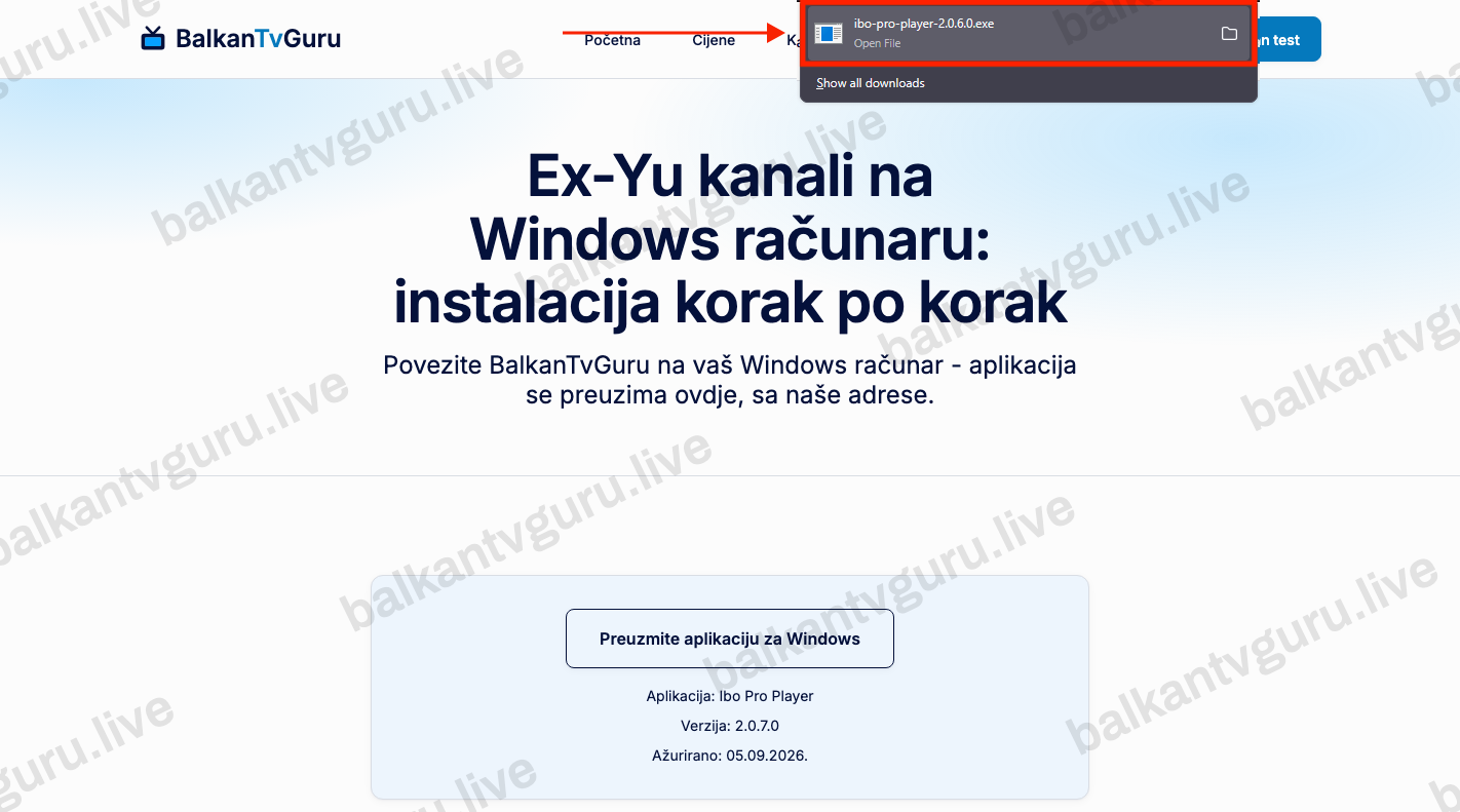 Ova stranica u pregledaču na Windowsu; preuzeta datoteka u prozorčiću gore desno je uokvirena crvenim okvirom.