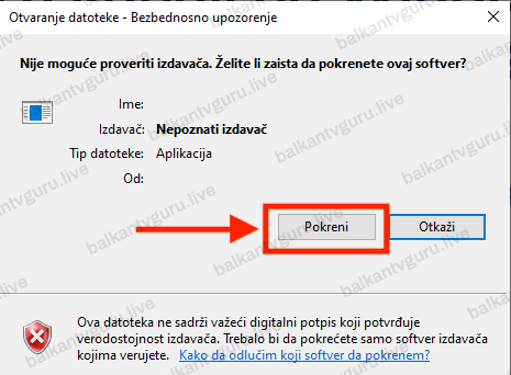 Bezbjednosno upozorenje Windowsa o nepoznatom izdavaču, sa dugmetom Pokreni uokvirenim crvenim okvirom.